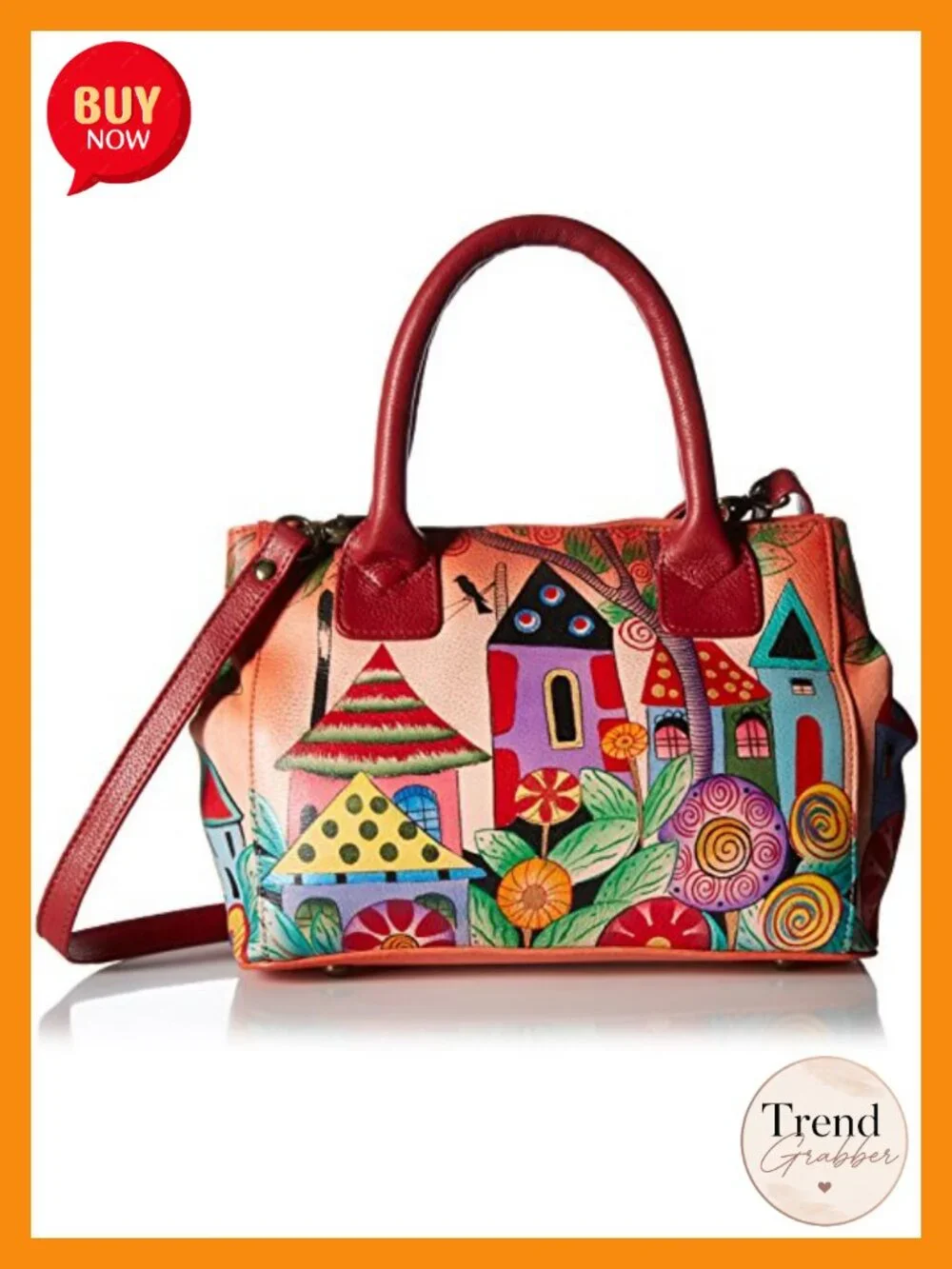 Hand Painted Genuine Leather Small Convertible Tote Satchel w/ Removable